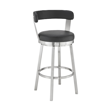 Armen Living Kobe 30" Bar Height Swivel Bar Stool in Brushed Stainless Steel Finish and Black Faux Leather 721535761791